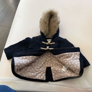 Zara Baby Dark Blue Coat with Tan Faux Fur Hood